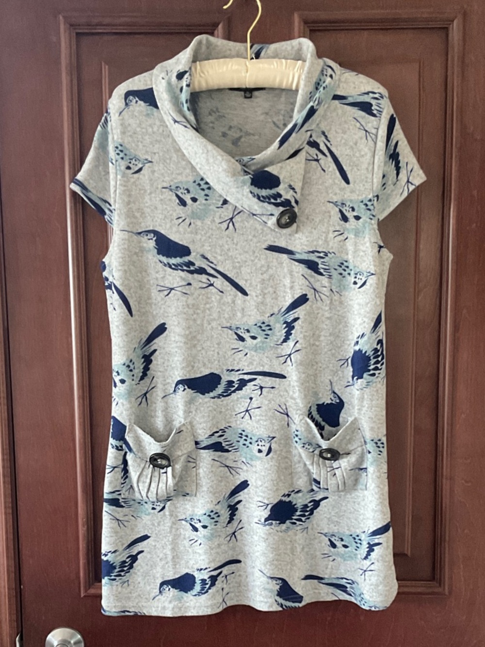 Papillon Gray Tunic Dress with Blue Bird Print